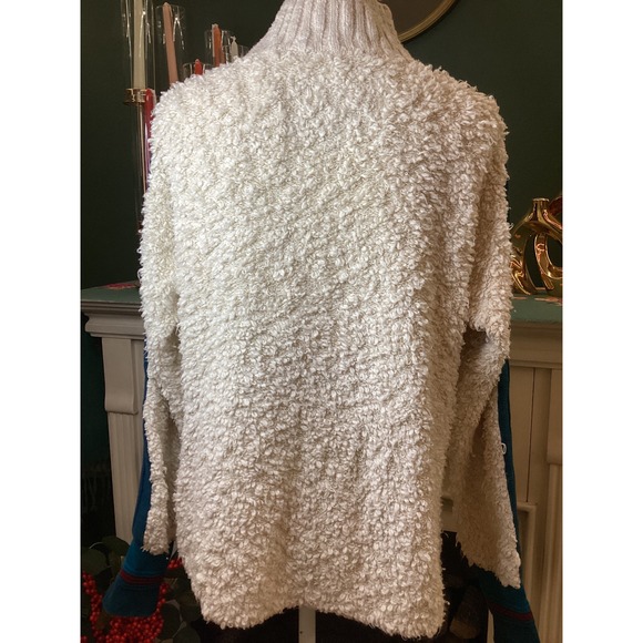 STS Ranchwear Cream Fuzzy Sherpa Quarter Zip Pullover Sweater Teal Stripe Size L - Picture 4 of 6